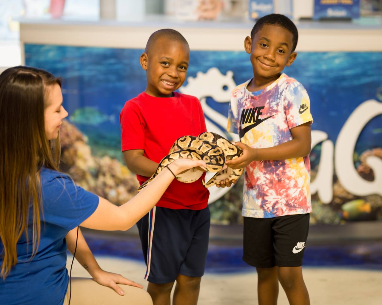 Kids have fun holding a snake at SeaQuest